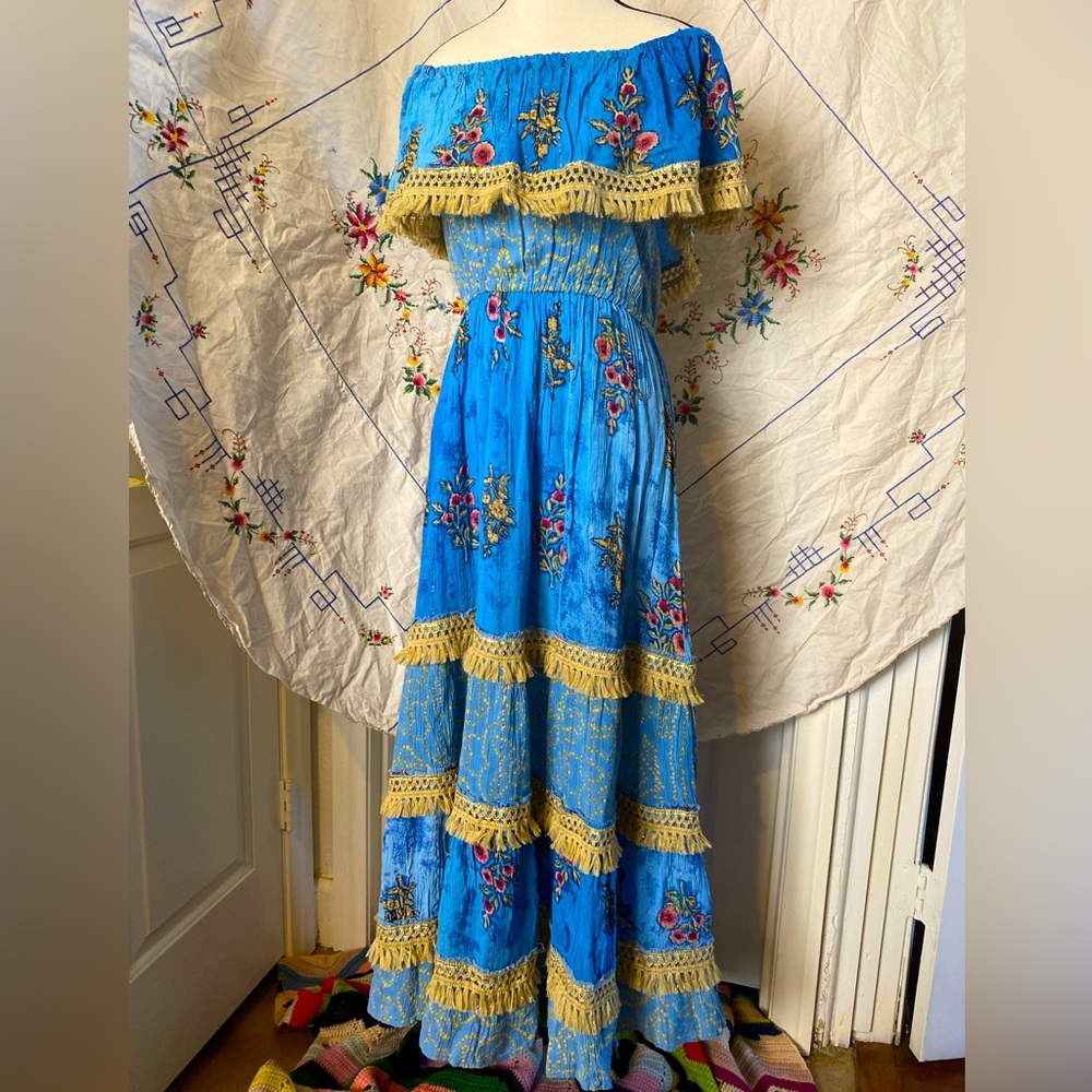 SOLD!! VINTAGE TIERED BLUE STRAW FLORAL BOHO MAXI DRESS